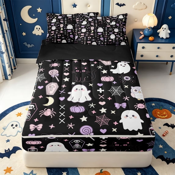 Manfei Boo Ghost Print Zipper Twin Comforter Sets with Fitted Sheet and 2 Pillowcases,Happy Halloween Zipper Bedding Set,Black Reversible,4 Pieces