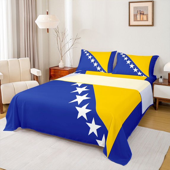 Manfei Bosnia Flag Bed Sheets,Blue Yellow White Full Size Sheets,4-Piece,1 Flat Sheet, 1 Fitted Sheet and 2 Pillowcases