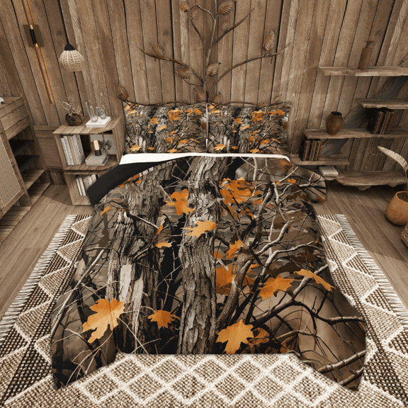 Manfei Botanical Branches Bedding Sets Queen with Comforter, Nature Plant Duvet Insert, Autumn Maple Leaves Comforter Sets Queen Size, Ultra Soft Room Decor, 3pcs Reversible