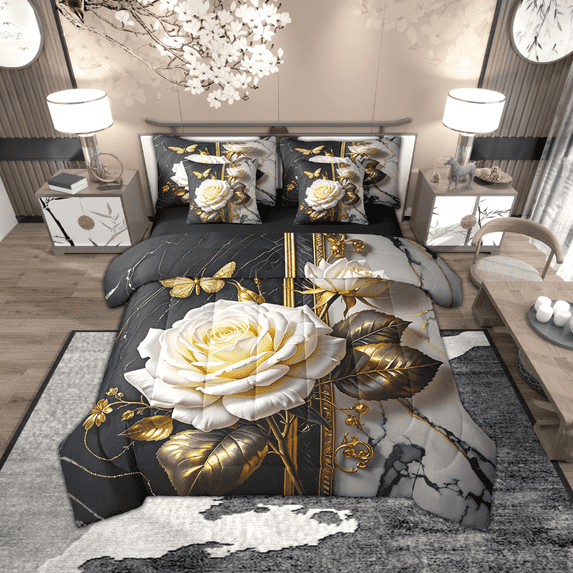 Manfei Botanical Flower 7pcs Bedding Full Size, Chic Floral Comforter Sets with Sheets, Gold Leaves Bed Set, Lightweight Room Decoration