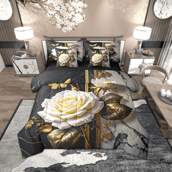 Manfei Botanical Flower 7pcs Bedding Full Size, Chic Floral Comforter Sets with Sheets, Gold Leaves Bed Set, Lightweight Room Decoration