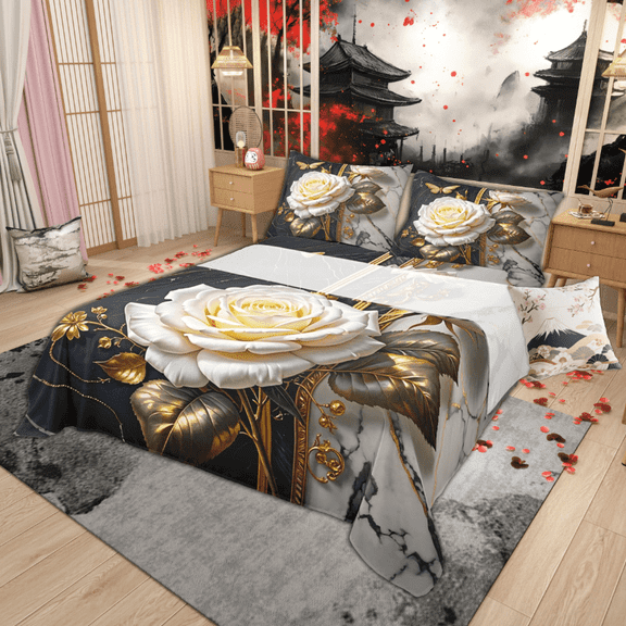 Manfei Botanical Flower Bed Sheets Set Twin Size, Chic Floral Bedding Sets Twin Size, Gold Leaves Top Sheet, Lightweight Room Decoration, 3-Piece