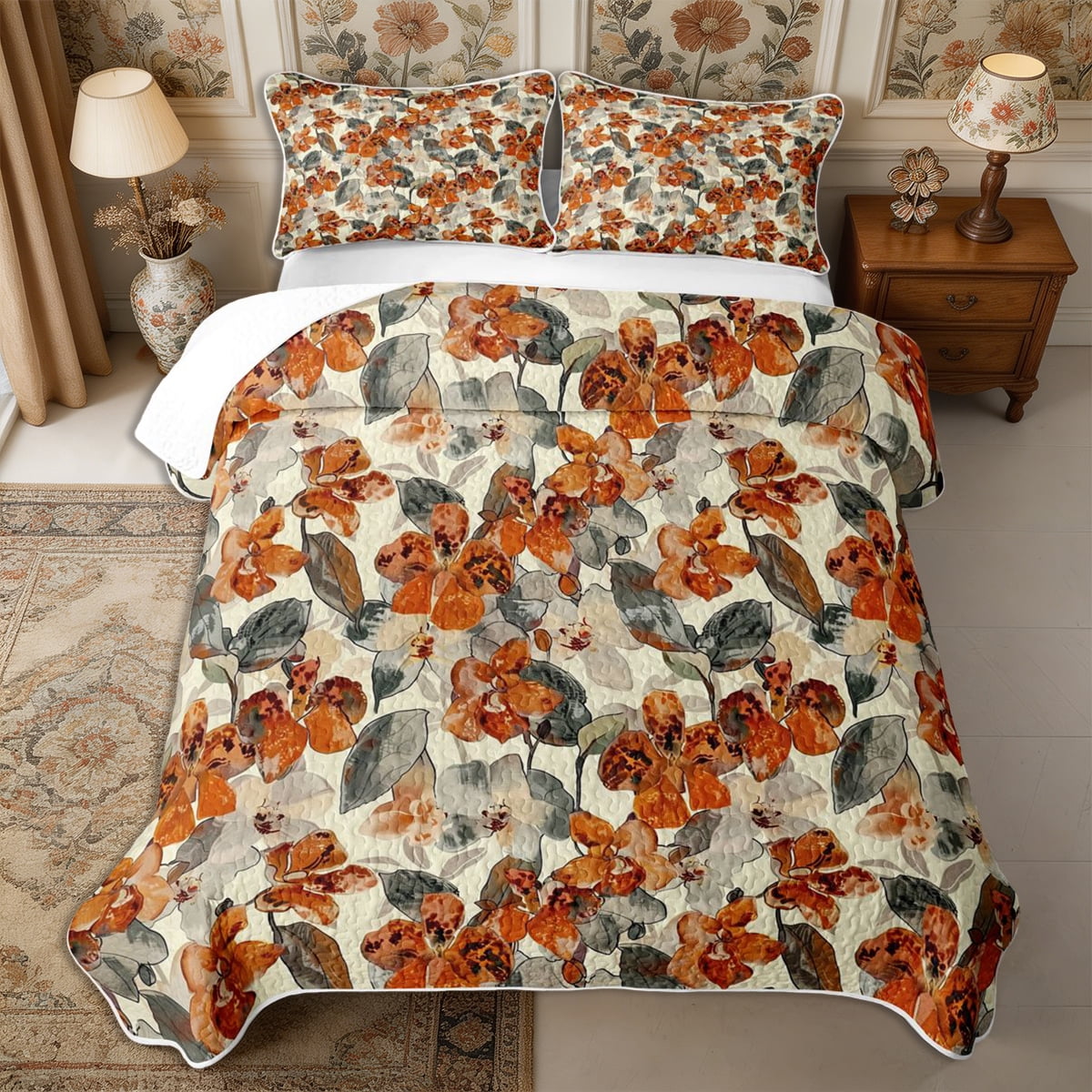 Spring Quilt Set Manfei Botanical Flower Bed Spread Queen 3pcs,Spring Garden Queen ...