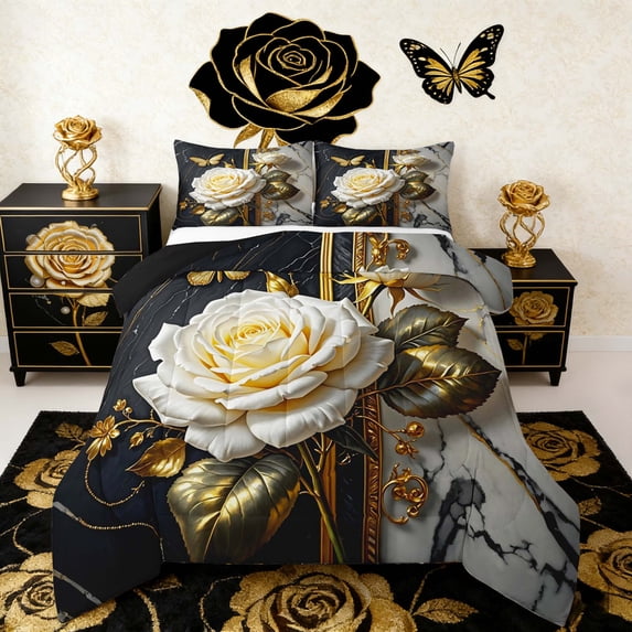 Manfei Botanical Flower Bedding Sets Twin with Comforter, Chic Floral Duvet Insert, Gold Leaves Comforter Sets Twin Size, Lightweight Room Decoration, 2pcs Reversible