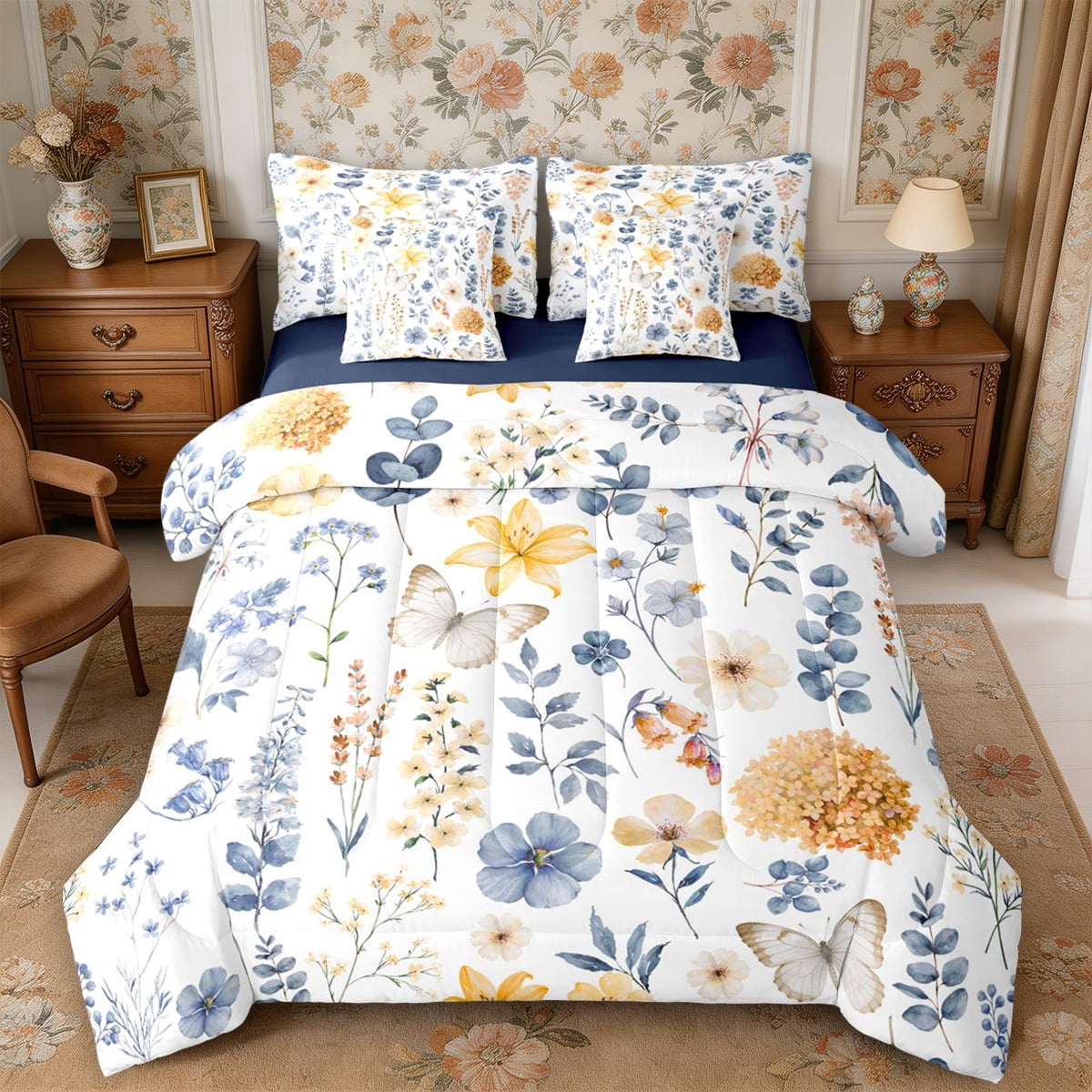 Spring Quilt Set Manfei Botanical Flower Butterfly Full Size Bedding Sets 7 Pieces ...