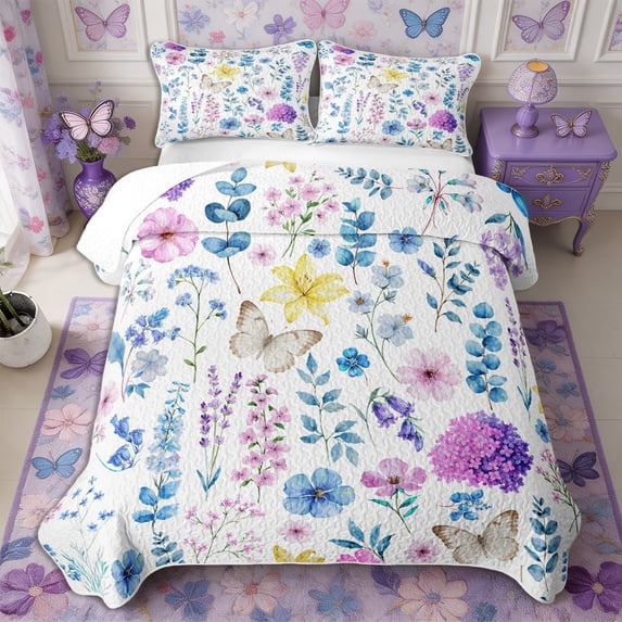 Manfei Botanical Flower Butterfly Twin Quilt Set 2 Pieces,Spring Garden Twin Coverlet Set,1 Bedspread and 1 Pillowcase
