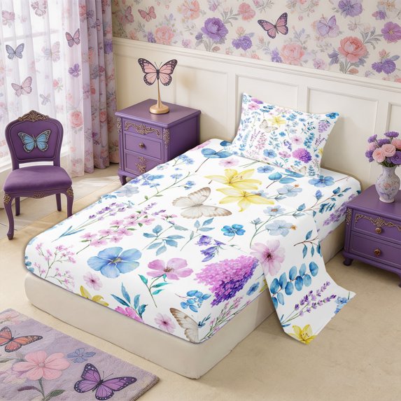 Manfei Botanical Flower Butterfly Twin Sheets 3pcs,Spring Garden Bedding,1 Flat Sheet,1 Fitted Sheet and 1 Pillowcase