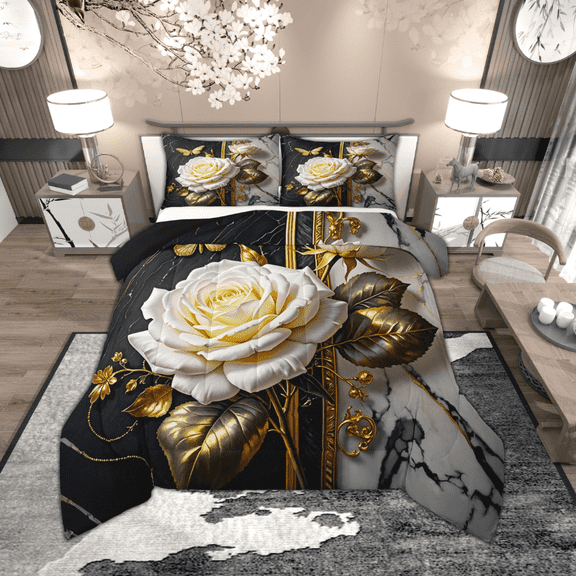 Manfei Botanical Flower Comforter Sets Queen Size, Chic Floral Comforters & Duvets, Gold Leaves Bedding Queen Comforter Set, Lightweight Room Decoration, 3-Piece Reversible