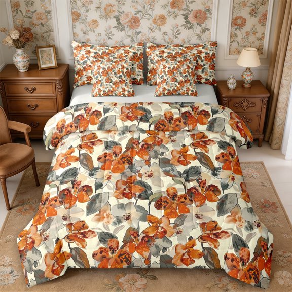 Manfei Botanical Flower Full Size Bedding Sets 7 Pieces,Spring Garden Full Size Bed in a Bag,Reversible