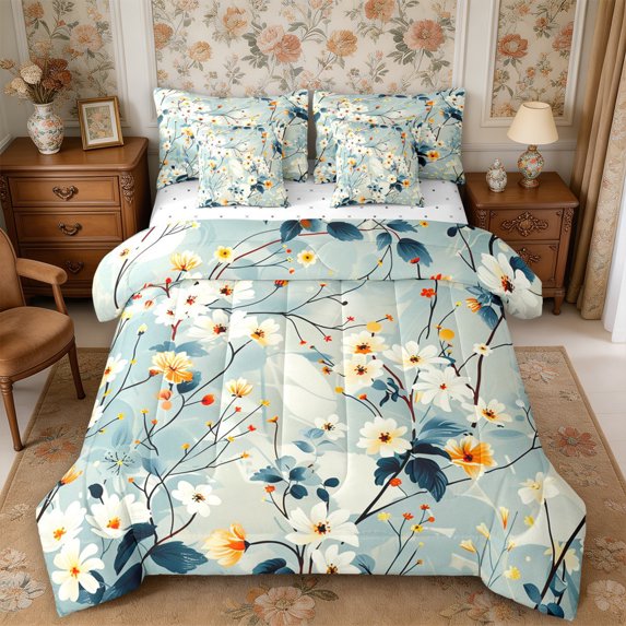 Manfei Botanical Flower Full Size Bedding Sets 7 Pieces,Spring Garden Full Size Bed in a Bag,Reversible