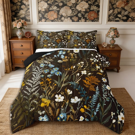 Manfei Botanical Flower King Size Comforter Sets 3pcs,Spring Garden Comforters King Size,1 Comforter and 2 Pillowcases,Reversible
