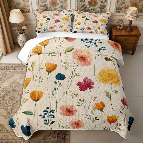 Manfei Botanical Flower Quilt Full 3-Piece,Spring Garden Full Bedspread Sets,1 Coverlet and 2 Pillowcases