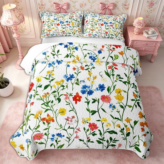 Manfei Botanical Flower Quilt King 3 Pieces,Spring Garden King Coverlet Set,1 Bedspread and 2 Pillowcases