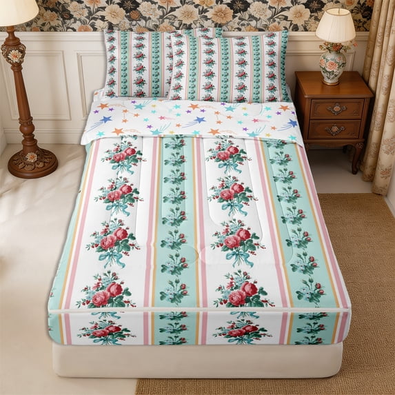 Manfei Botanical Flower Rose Zipper Full Size Comforter Sets with Fitted Sheet and 2 Pillowcases,Spring Garden Zipper Bedding Set,Reversible