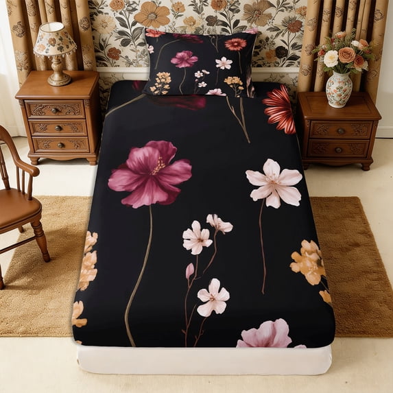 Manfei Botanical Flower Twin Fitted Sheet 2 Pieces,Spring Garden Bedding,1 Fitted Sheet and 1 Pillowcase