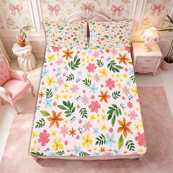 Manfei Botanical Flowers Fitted Sheet Full 3 Pieces,Spring Garden Bed Set,1 Fitted Sheet and 2 Pillowcases