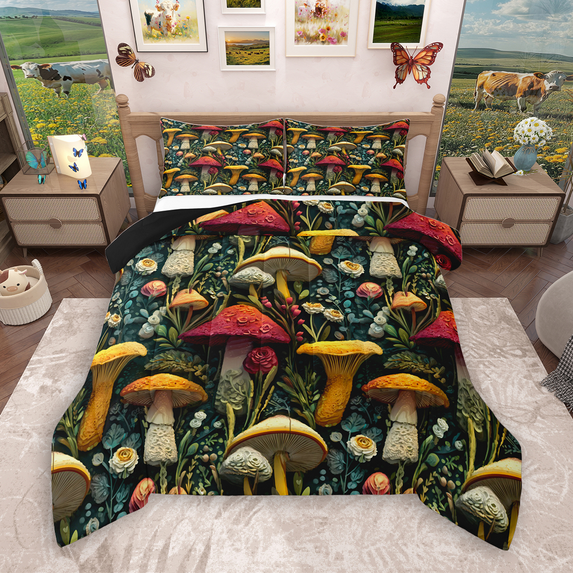Manfei Botanical Mushroom Queen Comforter Set 3 Pieces for Kids, Nature Plant Bedding Sets, Leaves Bedding Comforter Set, Ultra Soft Home Decor