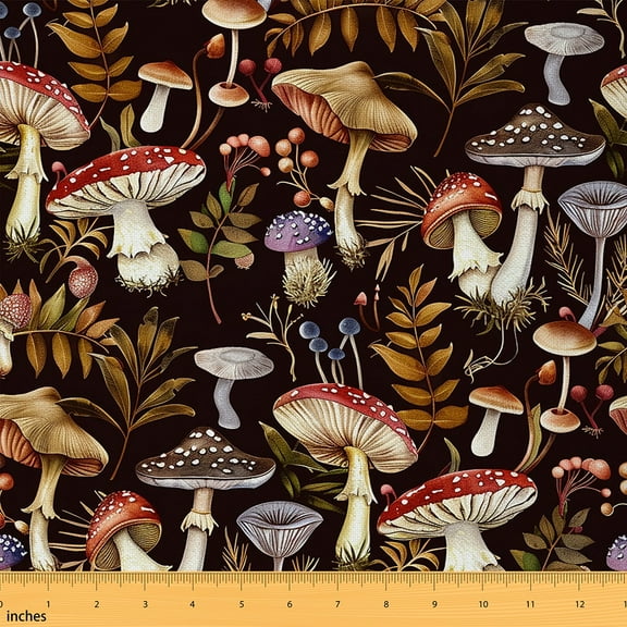 Manfei Botanical Mushrooms Fabric by the Yard (1 Yard), Botanical Theme Decorative Fabric by the Yard, Autumn Fall Leaves Sewing & Crafting Fabric
