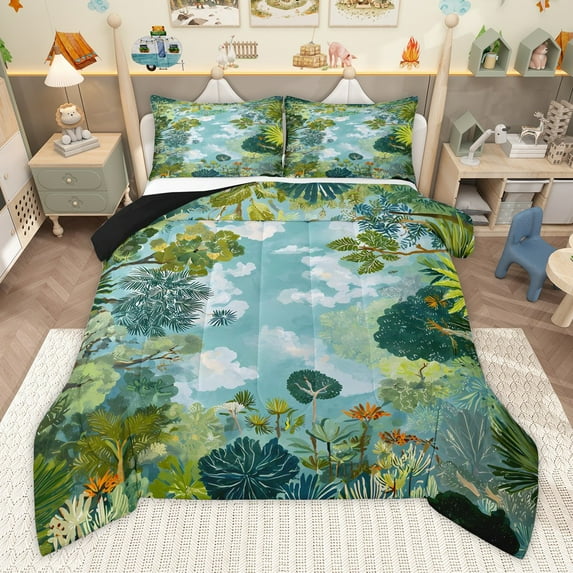 Manfei Botanical Plants 3 Pieces Queen Comforter Set for Children Kids Teens,Watercolor Trees Ultra Soft Bedding Sets,Jungle Woodland Bedding Comforter Set,Lightweight Room Decor,Reversible