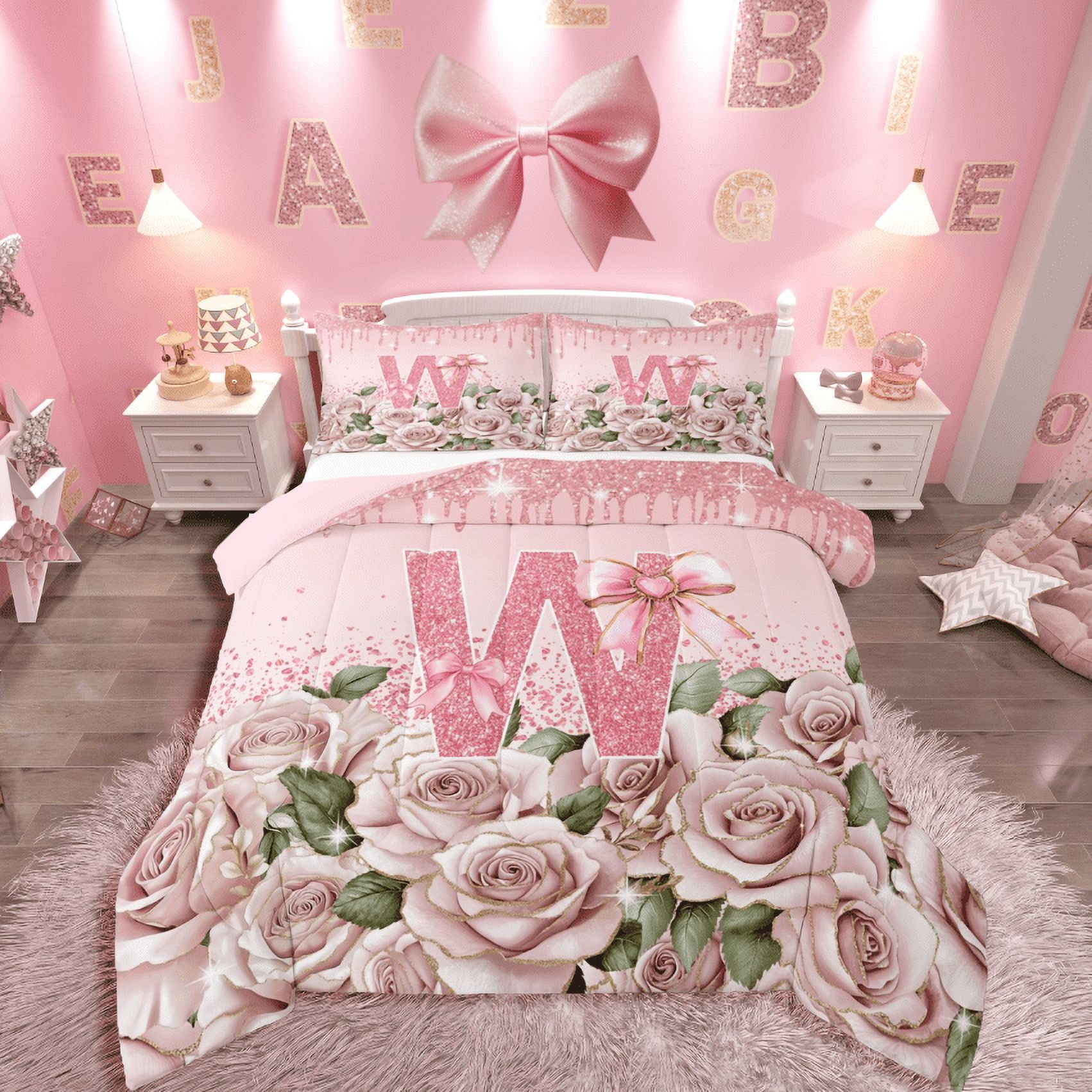 Manfei Bow Alphabet 2pcs Bedding Comforter Set,Floral Rose Twin ...