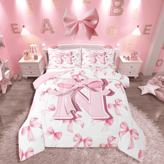 Manfei Bow Alphabet 2pcs Bedding Comforter Set,Pink White Twin Comforter Sets,Initial Monogrammed Bedding Set,Lightweight Dreamy Room Decoration,Reversible