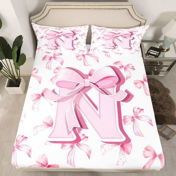 Manfei Bow Alphabet 3pcs Twin Sheet Sets,Pink White Twin Fitted Sheet,Initial Monogrammed Breathable Flat Sheet,Dreamy Room Decoration