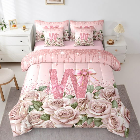 Manfei Bow Alphabet 7-Piece Bedding Comforter Set,Floral Rose King Bedding Sets,Sparkling Sequin Ultra Soft Bed Sheets,Luxury Girls Bedroom Decor,Reversible
