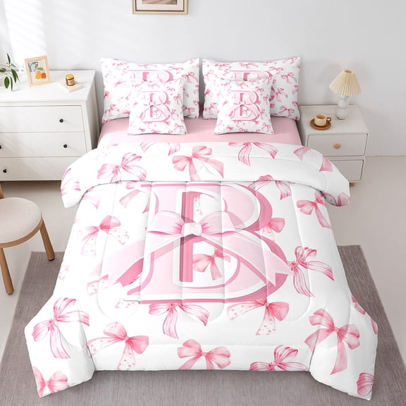 Manfei Bow Alphabet 7-Piece Full Bedding Set,Pink White,Initial Monogrammed,Lightweight