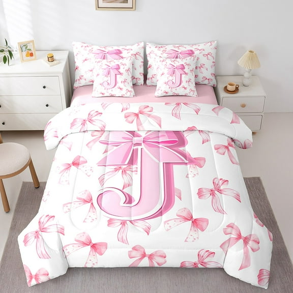 Manfei Bow Alphabet 7-Piece Full Bedding Set,Pink White,Initial Monogrammed,Lightweight