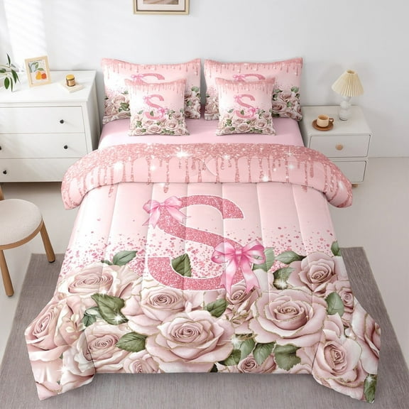 Manfei Bow Alphabet 7-Piece Twin Bedding Sets,Floral Rose Bedding Comforter Set,Sparkling Sequin Breathable Sheet Sets,Luxury Girls Bedroom Decor,Reversible