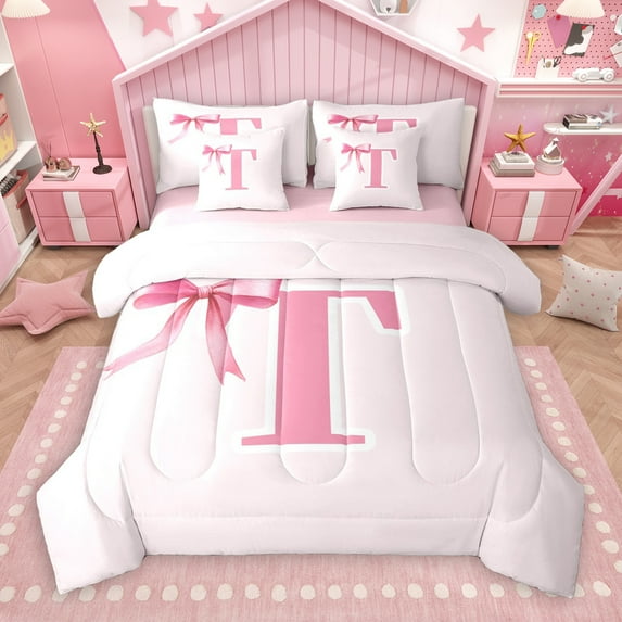 Manfei Bow Bowknot Ribbon 7 Pieces Bedding Comforter Set,Fairy Tale Theme Full Bedding Set,First Letter T Fitted Sheet Flat Sheet For Girls,Super Cozy Room Decor Reversible