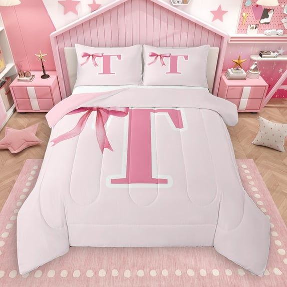 Manfei Bow Bowknot Ribbon Bedding Comforter Set,Fairy Tale Theme Twin Comforter Sets,First Letter T Bedding Set For Girls,Super Cozy Room Decor Reversible,2-Piece