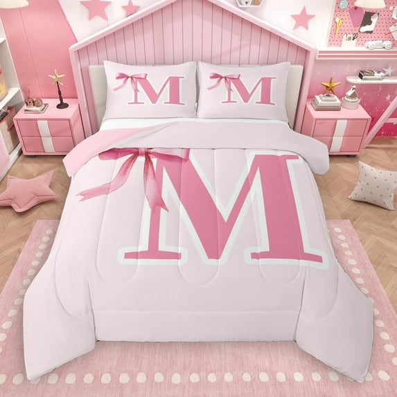 Manfei Bow Bowknot Ribbon Full Size Comforter Sets,Fairy Tale Theme Bedding Comforter Set,First Letter M Bedding Sets For Girls,Super Cozy Room Decor Reversible,3pcs