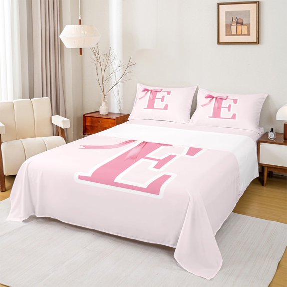 Manfei Bow Bowknot Ribbon Twin Sheet Sets,Fairy Tale Theme Twin Fitted Sheet,First Letter E Flat Sheet For Girls,Super Cozy Room Decor,3pcs