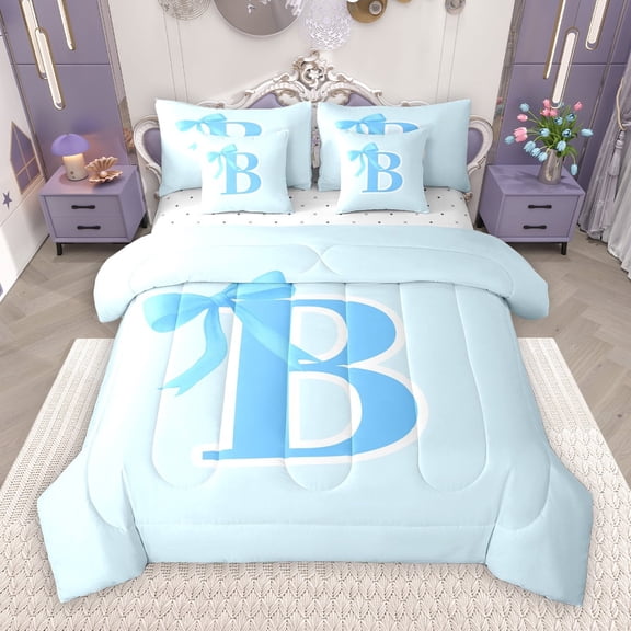 Manfei Bow Initial Letter B 7-Piece Twin Bedding Sets,Kawaii Bowtie Ribbon Bedding Comforter Set,Girls Blue Bowknot Sheet Sets For Princess,Breathable Bedroom Decoration Reversible