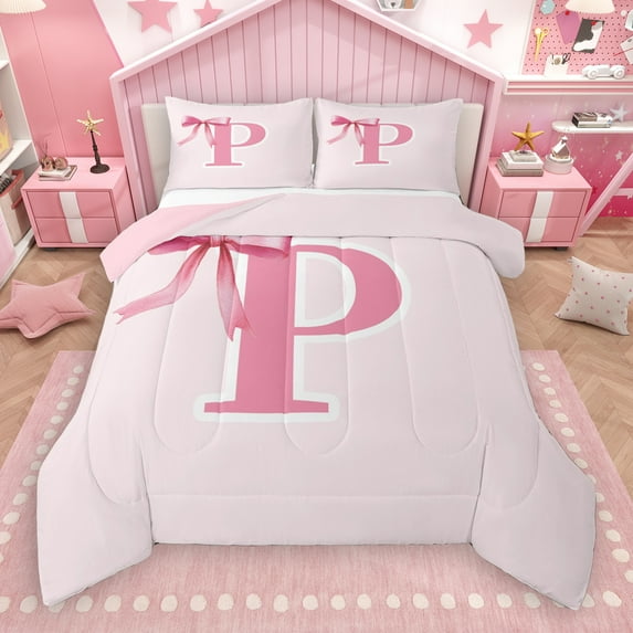 Manfei Bow Initial Letter P Queen Comforter Set,Kawaii Bowtie Ribbon Bedding Sets,Girls Pink Bowknot Bedding Comforter Set For Princess,Breathable Bedroom Decoration Reversible,3pcs