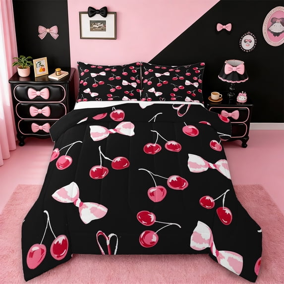 Manfei Bow Knot Ribbon Bedding Comforter Set,Cartoon Cherry Twin Comforter Sets,Pink Red Black Bedding Set For Girls Teens,Super Cozy Room Decor Reversible,2pcs