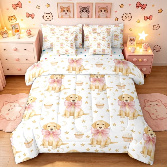 Manfei Bow Labrador Puppy King Bedding, Cupcake Star Moon King Bed in a Bag, Cream Pink, Polkadot Reversible, 7 Pieces