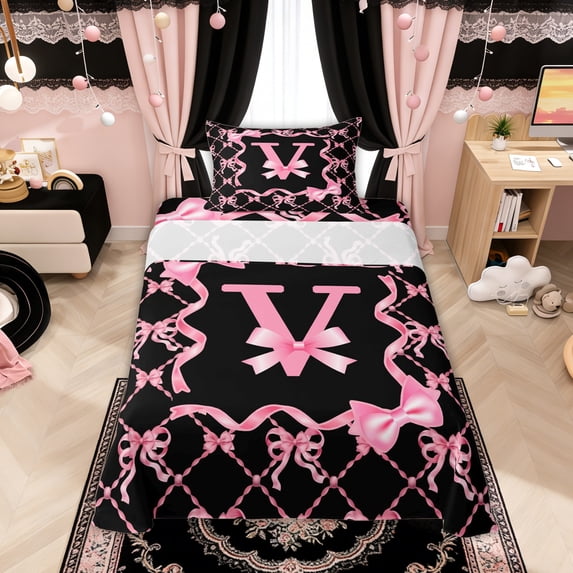 Manfei Bow Letter V Twin Sheet Sets for Girls, Pink Initial Ribbon Bedding, 3 Pieces
