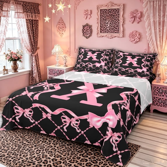 Manfei Bow Letter X Bed Sheets for Girls, Pink Initial Ribbon King Sheets, 4pcs