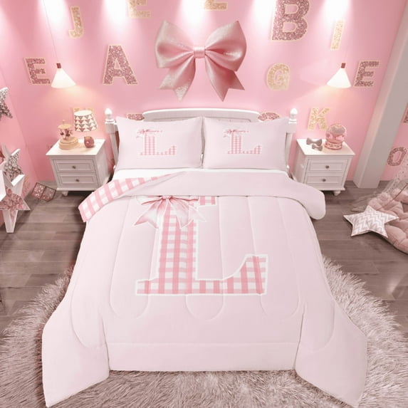 Manfei Bow Plaid 2pcs Bedding Comforter Set,Personalized Initial Twin Comforter Sets,Dreamy Princess Breathable Bedding Set,Lightweight Geometric Room Decor,Reversible