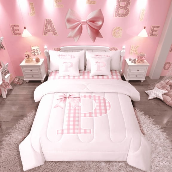 Manfei Bow Plaid 7-Piece Twin Bedding Sets,Personalized Initial Bedding Comforter Set,Dreamy Princess Breathable Sheet Sets,Lightweight Geometric Room Decor,Reversible