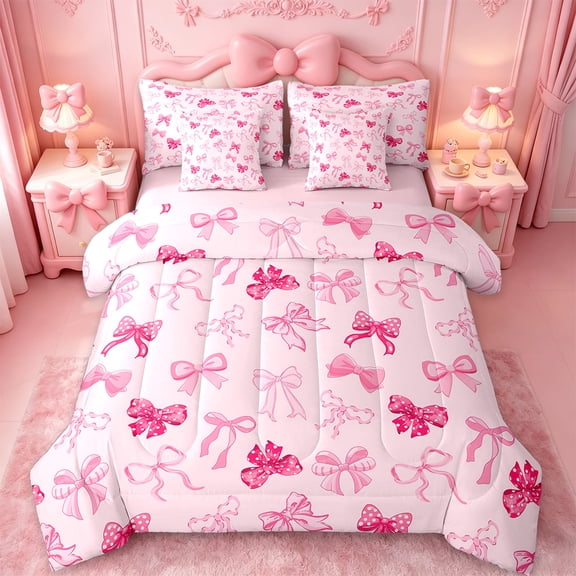 Manfei Bow Tie Ribbon 7-Piece Twin Bedding Sets,Kawaii Cartoon Bowknot Bedding Comforter Set,Cute Pink Bowtie Sheet Sets For Girl,Super Cozy Room Decor Reversible
