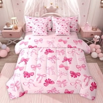 Manfei Bow Tie Ribbon 7-Piece Twin Bedding Sets,Kawaii Cartoon Bowknot Bedding Comforter Set,Cute Pink Bowtie Sheet Sets For Girl,Super Cozy Room Decor Reversible