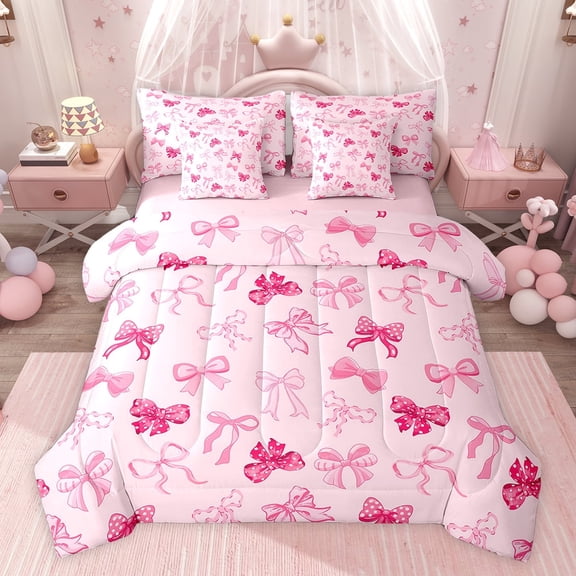 Manfei Bow Tie Ribbon 7-Piece Twin Bedding Sets,Kawaii Cartoon Bowknot Bedding Comforter Set,Cute Pink Bowtie Sheet Sets For Girl,Super Cozy Room Decor Reversible