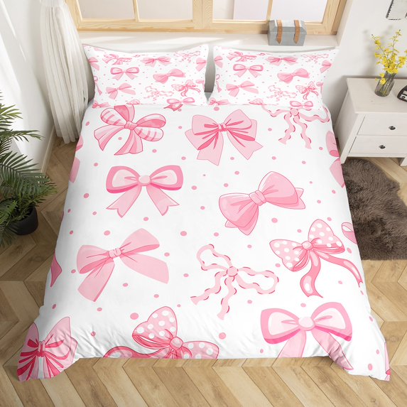 Manfei Bow Tie Ribbon Duvet Cover Queen,Kawaii Cartoon Bowknot Bedding Queen Size,Pink Polka Dots Bedding Accessories For Girl,Super Cozy Room Decor Reversible（No Comforter）,3-Piece