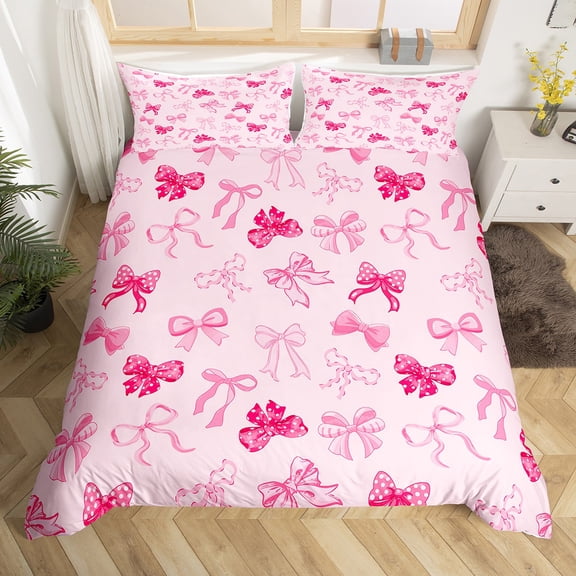 Manfei Bow Tie Ribbon Duvet Cover Twin,Kawaii Cartoon Bowknot Bedding Sets Twin Size,Cute Pink Bowtie Bed Set For Girl,Super Cozy Room Decor Reversible（No Comforter）,2 Pieces