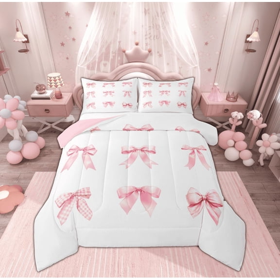 Manfei Bow-tie Bedding Sets King with Comforter for Teens, White Pink Comforter Sets King Size, Kawaii Ribbon Bow Reversible Down Comforter, Super Cozy Room Decor, 3 Pieces