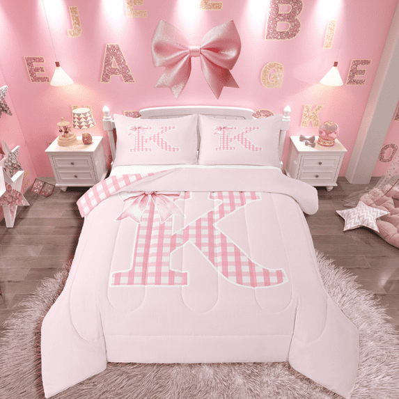 Manfei Bowknot Alphabet 3-Piece Full Size Comforter Sets,Pink White Bedding Comforter Set,Plaid Buffalo Lightweight Bedding Sets,Luxury Girls Bedroom Decor,Reversible