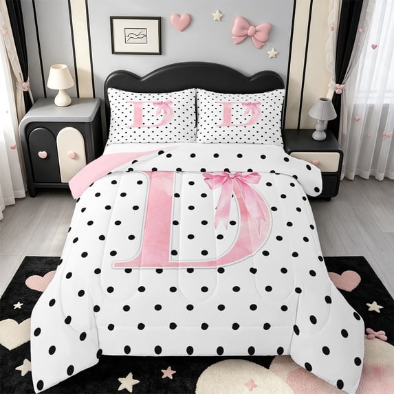 Manfei Bowknot Alphabet Print D King Size Comforter Sets,Pink Ribbon Bows Comforters King Size,Pink Reversible,3pcs,1 Comforter and 2 Pillowcases